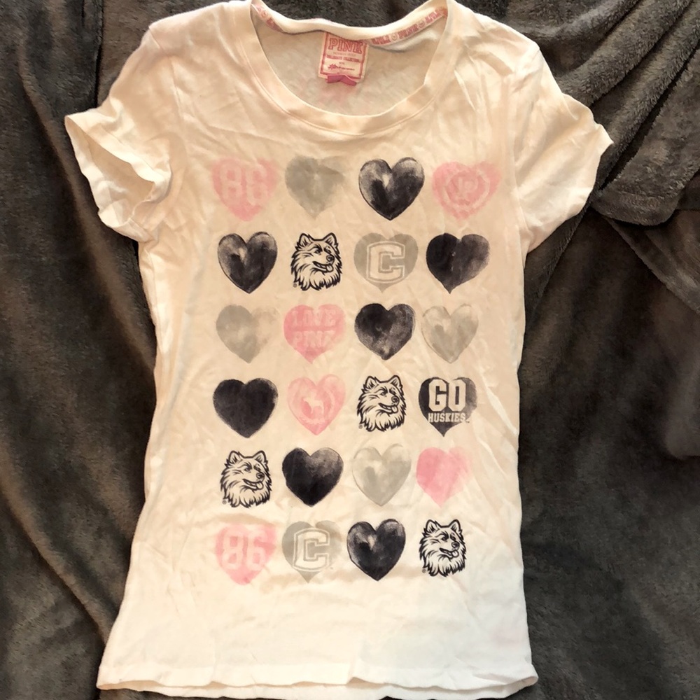 VS PINK UConn s-sleeve top, sz medium, vintage style, white w/ pink & gray